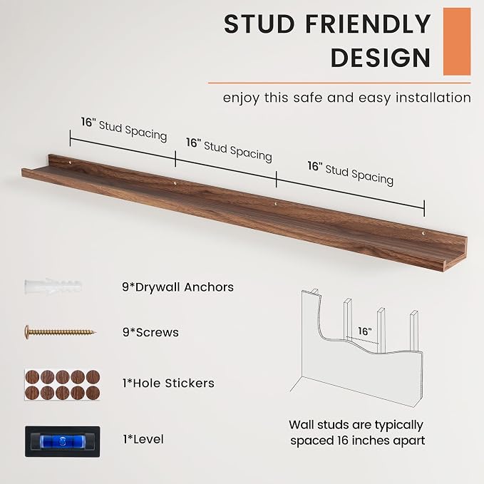 Picture Ledge Shelf, Long Floating Shelves for Wall, 56" W Set of 2, Walnut | FSC Certified Engineered Wood, Wall Mounted Bookshelf, for Nursery Living Room Bedroom, Easy Install