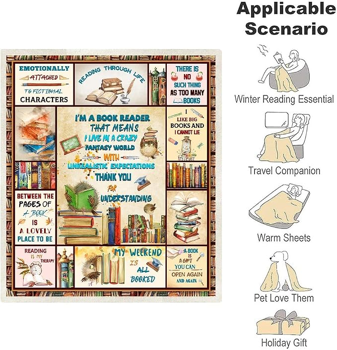 Book Lovers Blanket, Accessories for Bookworm Book Club, Librarian Gifts Throw Blanket, Literary Gifts Ideas 60"x50"