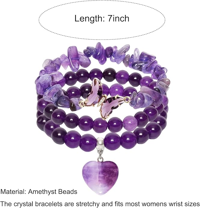 Healing Crystal Beaded Bracelet for Women Amethyst Gemstone Anxiety Stress Relief Charm Bracelet Butterfly Heart Charm Healing Stone Jewelry Gifts for Birthday Mothers Day Valentine