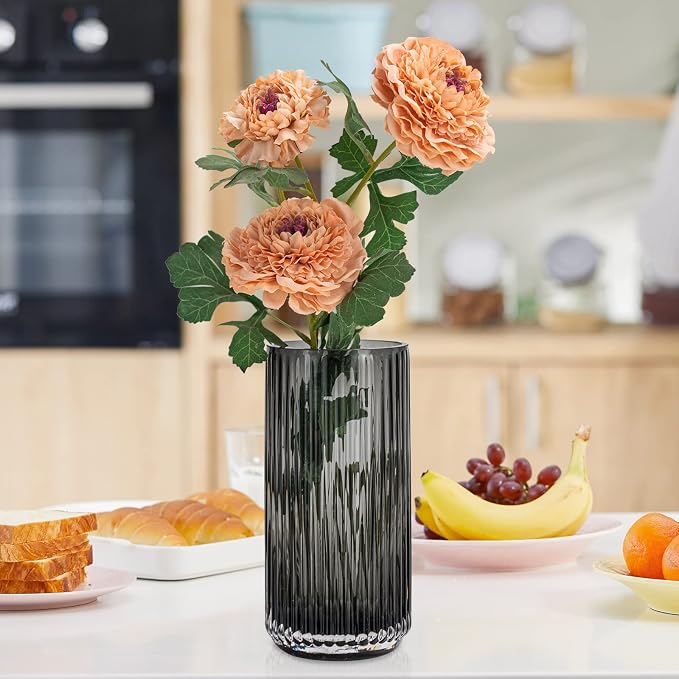 Flower Vase 10 inch Grey Thickened Hand Blow Glass Vase Round Vintage Striped Bottles for Bookshelf,Dinner Table,Indoor Office Desktop,Meeting Room,Bathroom,Countertop,Home