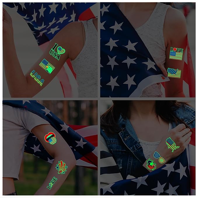 80PCS Luminous 4th of July Temporary Tattoos, American Flag Red White and Blue Decor, Fourth of July, USA Party Favors, Memorial Day, Independence Day,Labor Day Decorations Glow Party Supplies
