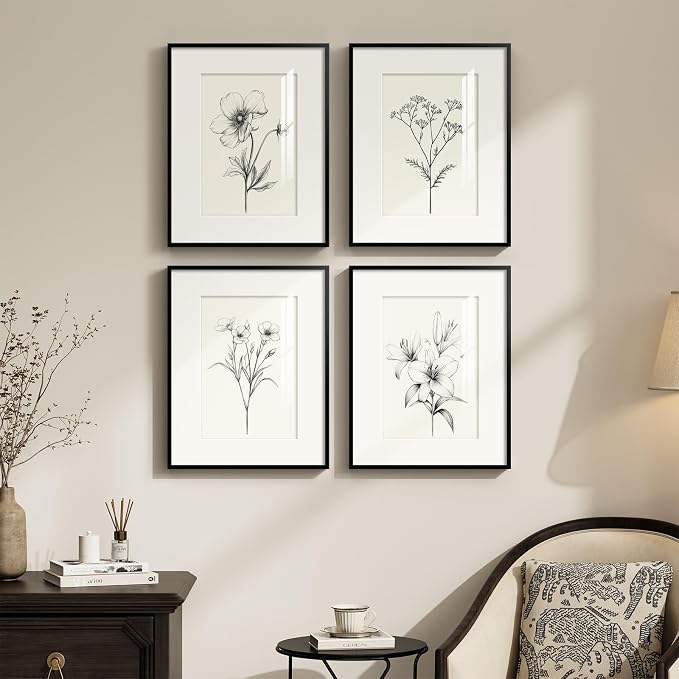 Framed Black and White Botanical Wall Art for Bathroom, 4 Piece 11x14 In | Minimalist floral wall decor, Vintage boho flower pictures, Plexiglass with mat prints, Living room office hallway decor