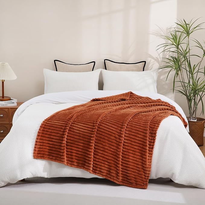 Burnt Orange Fleece Throw Blanket 90”×90” for Couch Sofa Livingroom | Linecooo Super Soft Cozy Plush Microfiber Flannel Bed Blanket Striped Design Lightweight Home Decor Gifts for Adult Mom Women