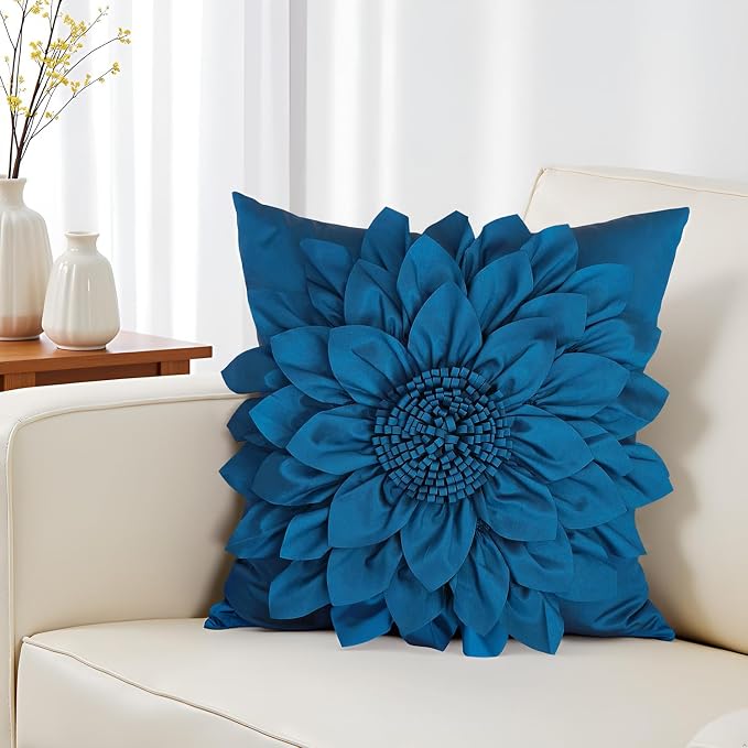 Navy Blue Accent Flower Decorative Throw Pillow Covers for Bed Sofa Couch | Bella's Giftshop Handmade Sunflower Taffeta Pillow Cases Living Room Bedroom Decor, 18x18 Inch