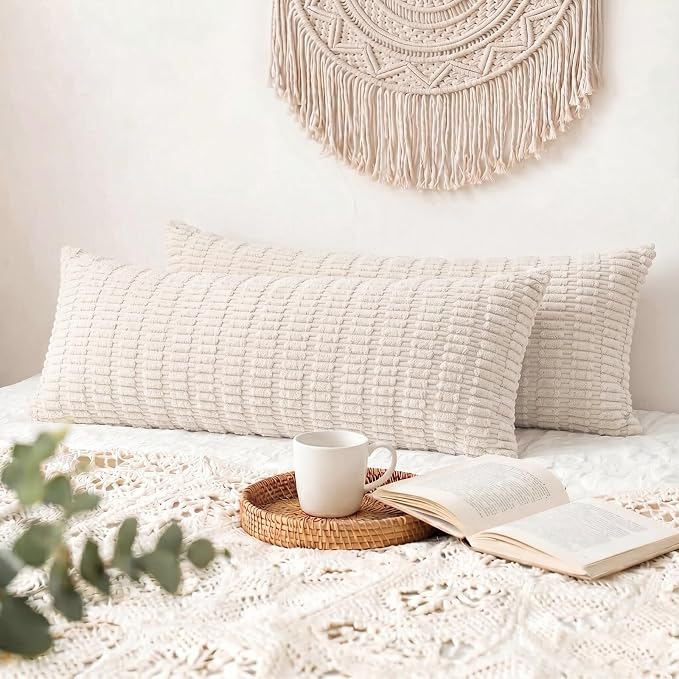 Fancy Homi Decorative Throw Pillow Covers for Bed Couch Bedroom Bench, Soft Corduroy Solid Pillow Case, Rustic Farmhouse Boho Room Decor,36" x 14" (Pack of 1),Cream