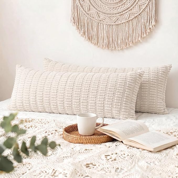 Fancy Homi Decorative Throw Pillow Covers for Bed Couch Bedroom Bench, Soft Corduroy Solid Pillow Case, Rustic Farmhouse Boho Room Decor,54" x 20" (Pack of 1),Cream