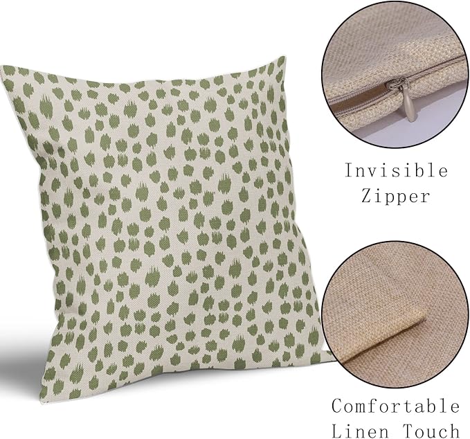 Sage Green Cream Pillow Covers 18x18 Set of 2 Boho Design Polka Dot Throw Pillows Modern Brush Strokes Print Decorative Outdoor Pillowcase Square Cushion Cover Linen Pillow Case for Sofa Couch Bed