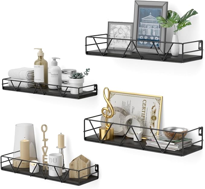 Floating Shelves Set of 4, Wood Wall Shelf, Farmhouse Shelf for Bedroom | Wall Mounted Floating Shelf for Living Room, Bedroom, Bathroom, Kitchen, Office