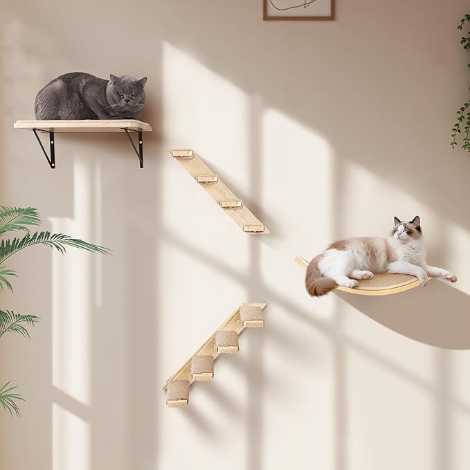 Wood Cat Wall Curved Bed with Sisal Mat, Cats Shelf for Sleeping Scratching | Ergonomic Curved Design, Scratchable Sisal Pad, Wall Mounted