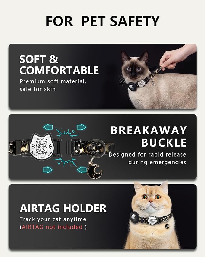 Breakaway Safety Cat Collar with QR Code ID, Integrated AirTag Holder, Adjustable Kitty Collar with Stars and Moon & Glow-in-the-Dark Charm, Purple