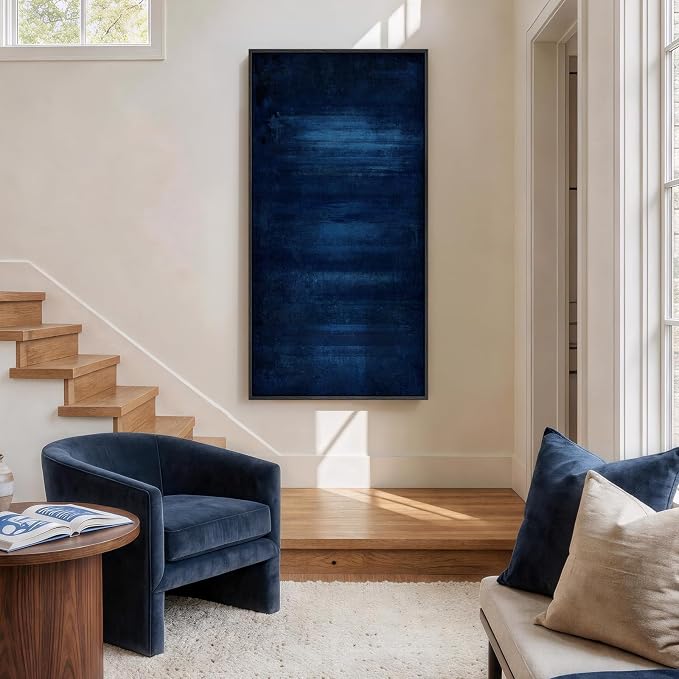 Large Framed Navy Blue Abstract Wall Art, Modern Vertical Canvas Prints Paintings Artwork for Walls, Minimalist Contemporary Dark Blue Pictures Wall Decor for Hallway Living Room Bedroom, 30x60 In