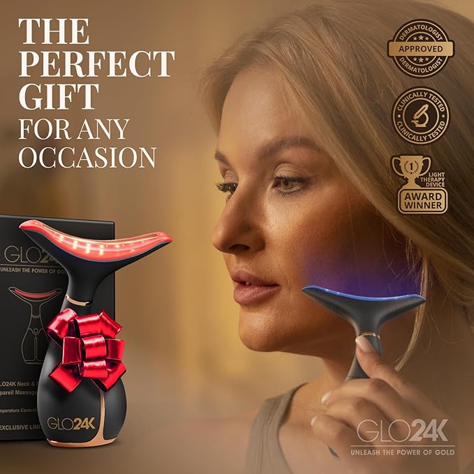 GLO24K Red Light Face & Neck Beauty Device – 3-in-1 Facial Massager Tool with LED & Vibration for Skin Revitalization and Neck Firming