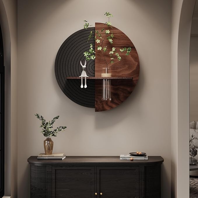 3D Textured Abstract Modern Black and Brown Round Wall Art Decor, 24x24 In | With shelf, Minimalist, Geometric circle, Artwork for walls, Sandstone textured, Living room, Dining room Hallway wall decor