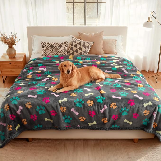 Luciphia Waterproof Dog Blanket Reversible Sherpa Fleece for Large Dogs Cat | Soft Print Pet Blanket Washable Pee Proof, Furniture Protector for Couch Sofa Bed Car, Cozy Throw King(100" x 85", Grey Bone)