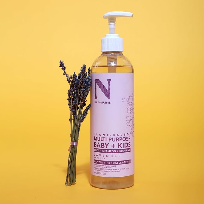 Dr. Natural Multi-Purpose Baby Plus Kids Soap - Body Wash and Shampoo - Gentle Soap with Shea Butter - Newborn Safe - Lavender - 16 oz