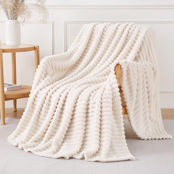 Cream White Throw Blanket for Couch Sofa 50x70 inches Striped Design | Fleece Blankets Room Home Decor Lightweight Plush Soft Cozy Gifts for Women Mom