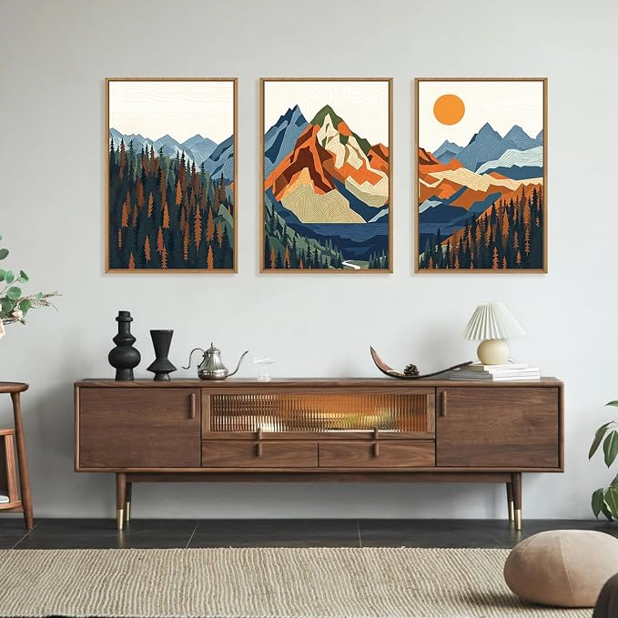 FWIEXA Vintage Mountain Framed Canvas Wall Art Set, Boho Sunrise Wall Prints, Abstract Nature Forest Artwork, Retro Lake Sunset Painting, 3 Panel 24x36 Inches Modern Rustic Decor for Living Room, Bedroom, Office