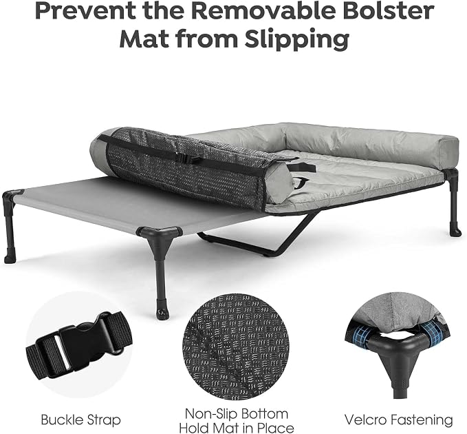 Veehoo Outdoor Elevated Dog Bed with Waterproof Bolster Cushion, Cooling | Raised Dog Bed with Removable & Washable Mat Topper, Breathable Mesh, Dog Couch Cot for Indoor Outdoor, 49", Large, Grey