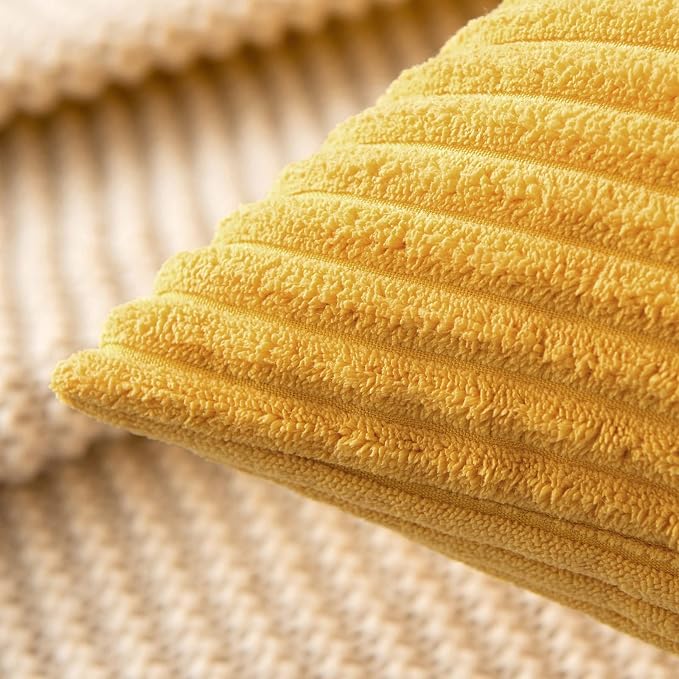 MIULEE Soft Corduroy Throw Pillow Covers Set of 2 20x20 Mustard Yellow | Decorative Striped Textured Cushion Cases, Boho Rustic Square Pillowcases, Home Decor for Couch Chair Sofa Bed Living Room