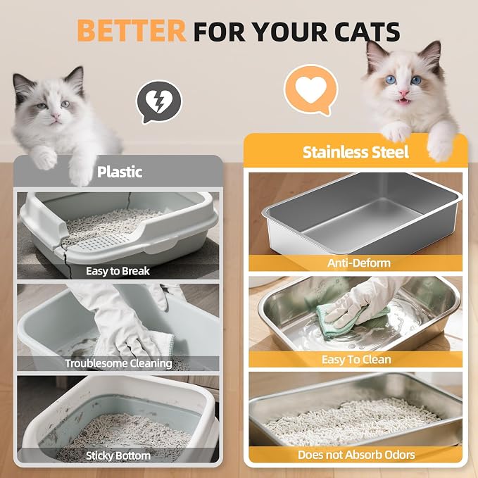 Stainless Steel Cat Litter Box, XXL High Sided Open Top Litter Pan, 1 Scoop | XXL, Spacious Interior, High Sides, Anti-Urine Leakage, Non-Stick Odor Resistant, Easy Clean, Reduce Litter Tracking
