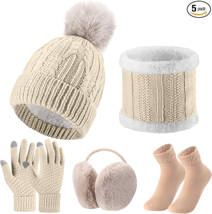SATINIOR 5 Pcs Winter Hat Scarf Gloves Set Fleece Warm Lined Knit Beanie Hat Touch Screen Earmuff Gloves Warmer for Women(Beige,Fresh Style)