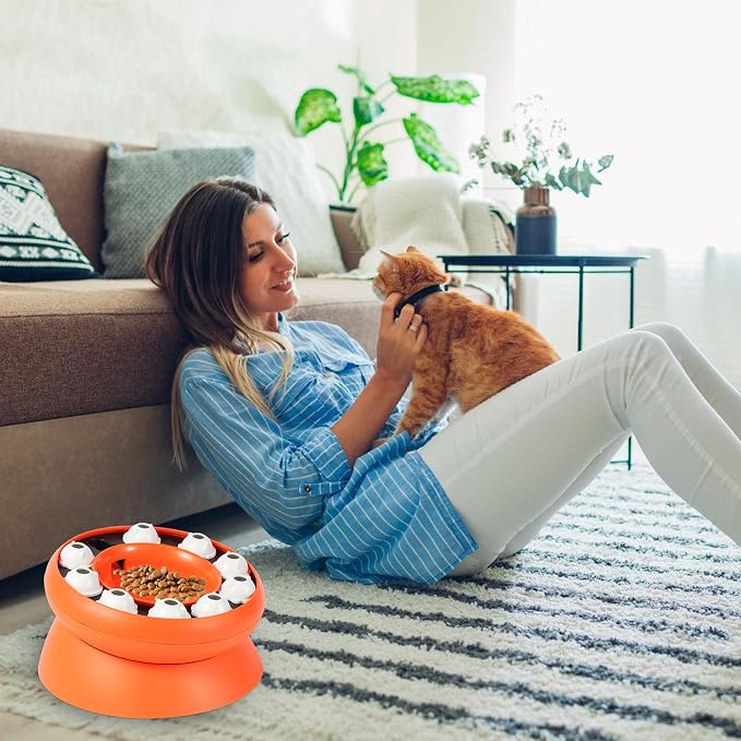 Cat Puzzle Feeder Slow Food Bowl – Interactive Slow Feeder Bowl for Indoor Cats, Treat Dispensing Enrichment Toy,Mental Stimulation and Boredom Relief (Orange)