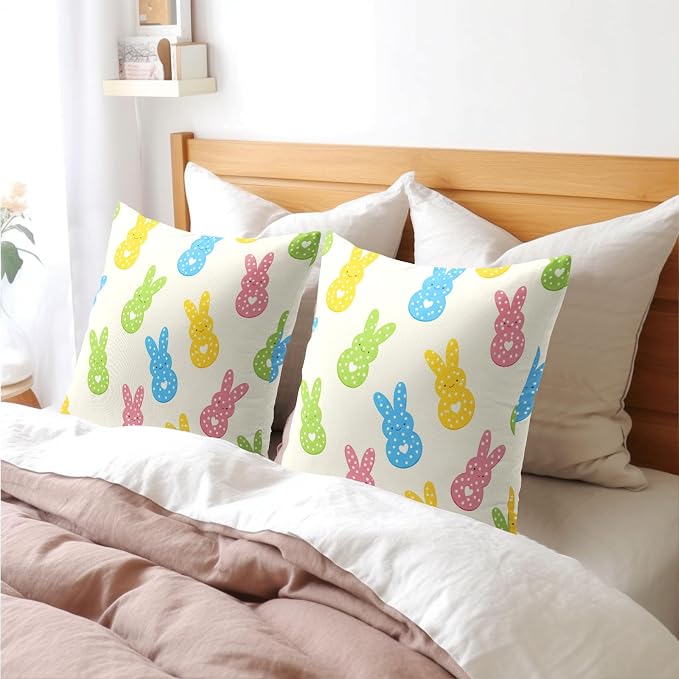 Easter Bunny Pillow Covers 16X16 Inch Colorful Peep Rabbit Polka Dot Decorative Pillow Cases Spring Easter Holiday Throw Pillows Set of 2 Seasonal Modern Farmhouse Home Decor For Sofa Couch Outdoor