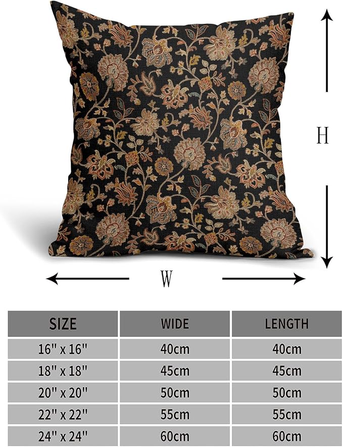 Black Brown Floral Pillow Covers 22X22 Inch Set of 2 Vintage Boho Carpet Flowers Decorative Pillow Cases Leaves Plant Cotton Linen Cushion Case Farmhouse Home Decor for Sofa Couch Living Room
