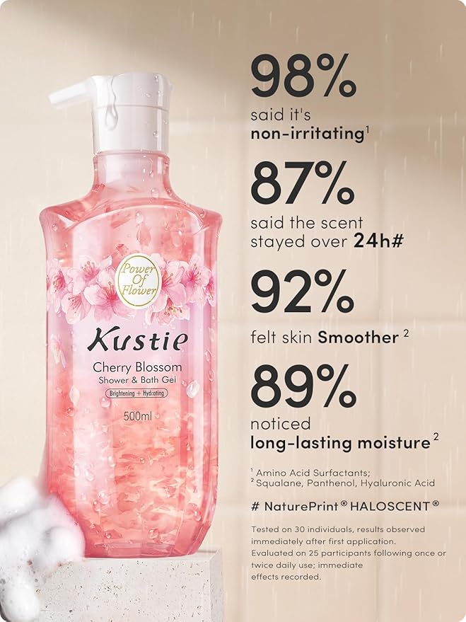 Kustie Brighten Cherry Blossom Body Wash - Perfume Shower Gel with Squalane & Hyaluronic to Antioxidant, Balance, Hydrate Skin丨Nature Sakura & Niacinamide Add丨Paraben, Phthalate Free丨16.9 Fl Oz