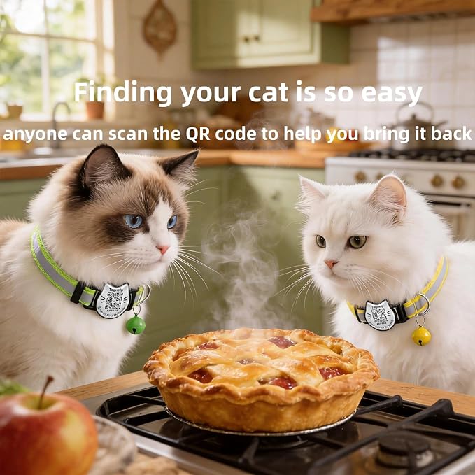Breakaway Cat Collar with QR Code Tag and Bell(Yellow & Green) | Reflective Nylon, Quick-Release Buckle
