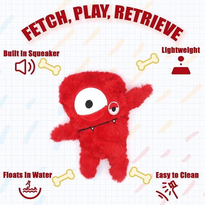 Monster Stuffed Squeaky Dog Toy, Crinkle Dog Plush Toy, Red | Soft Lightweight Toy for Fetch and Chew, Interactive Outdoor Indoor Play for Tug, Birthday Gift, For Puppy Small Medium Dog