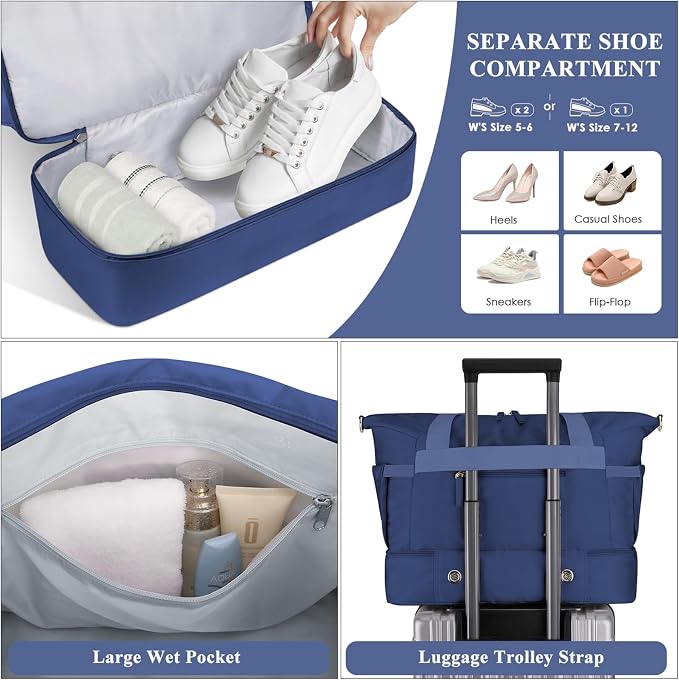 Gym Bag for Women, Personal Item Travel Bag with Shoes Compartment, Weekender Overnight Duffel Bag with Wet Pocket, Carry On Bag for Women, Travel, Gym, Weekend