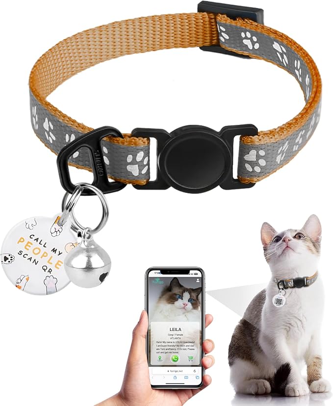 Breakaway Reflective Cat Collar with QR Name Tag & Bell (Khaki)