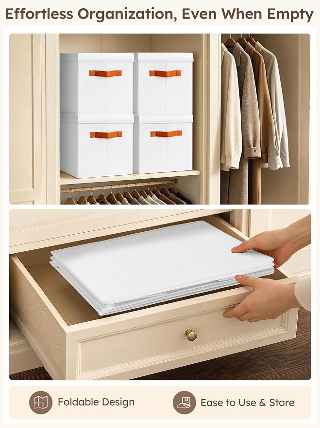 Storage Bins with Lids - Fabric Storage Baskets for Shelves, 6 Pack Foldable Decorative Boxes with Handles, Stackable Organizer Bins for Home, Nursery, Dorm, White