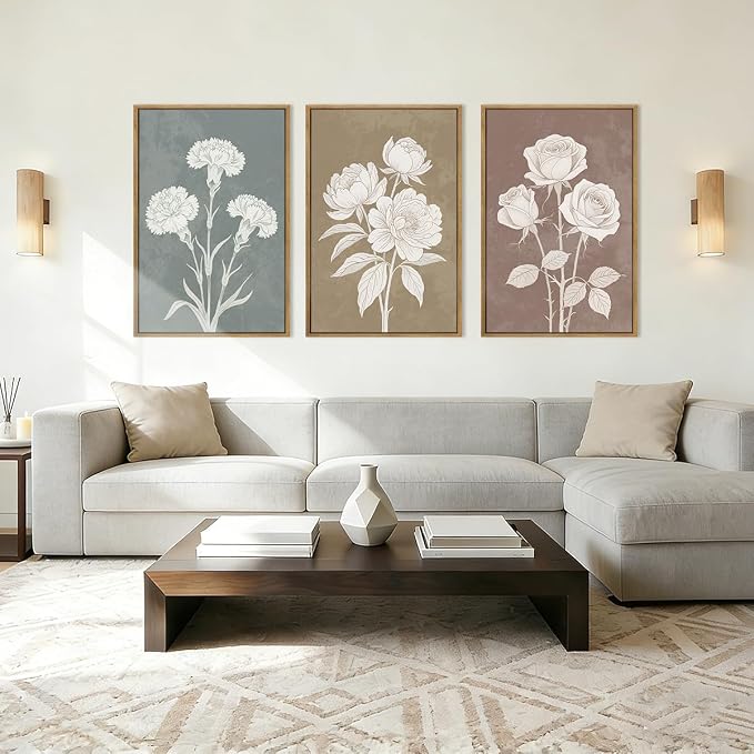 BINCUE Extra Large Neutral Botanical Wall Art Decor Floral Painting Flower Print for Living Room Bedroom Bathroom Dining Room 24x36 Inches 3 Piece