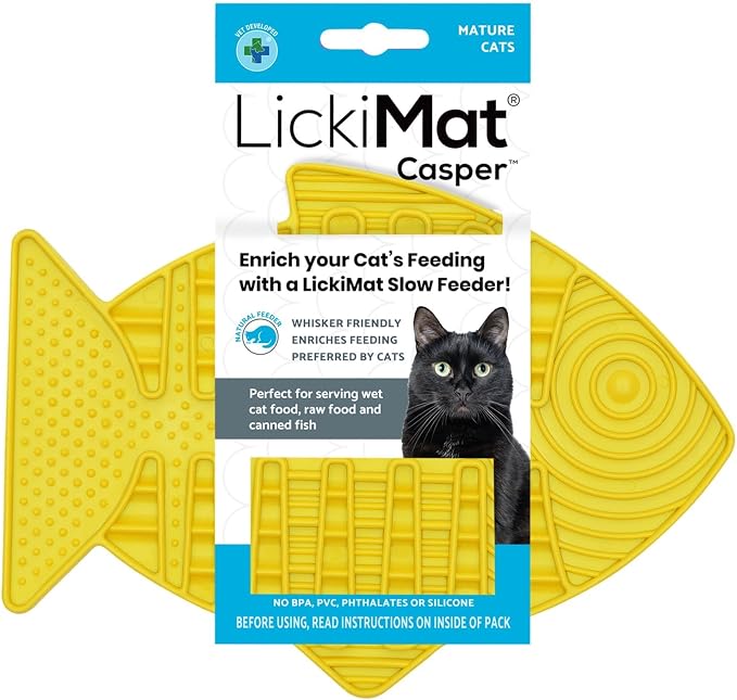 LickiMat Casper, Fish-Shaped Cat Slow Feeders Lick Mat, Boredom Anxiety Reducer; Perfect for Food, Treats, Yogurt, or Peanut Butter. Fun Alternative to a Slow Feed Cat Bowl or Dish, Yellow