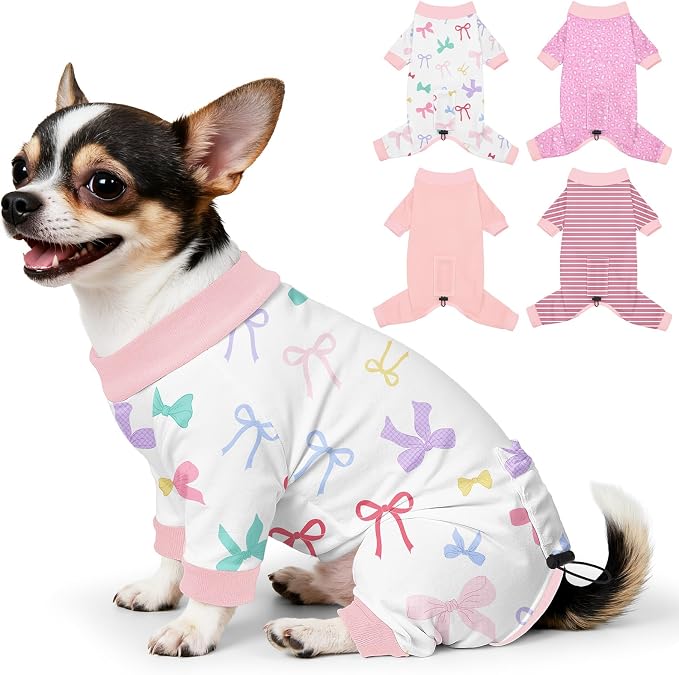 Bienbee Dog Pajamas, 4 Pack Adjustable Onesies for Small to Large Dogs S | Dog Shedding Suit with Soft Fabric, Breathable & Stretchy, and Adjustable Back Length for Sleeping Lounging and Daily Use