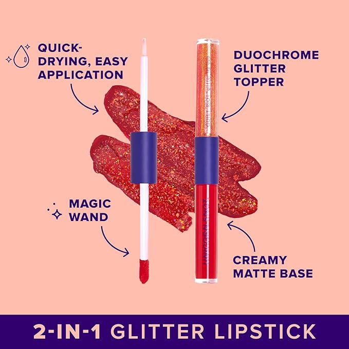 UNICORN SNOT Quiet Riot Glitter Lip Duo | 2-in-1 Set: Matte Lipstick & Plastic-Free Glitter | 0.15oz Red Lipstick & 0.16oz Gloss, Clash