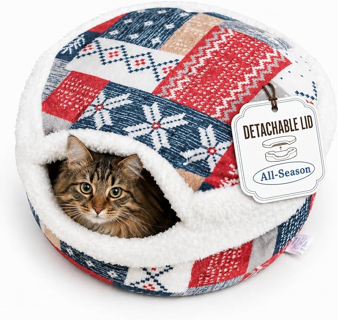 Cat Bed Cave - Enclosed Hideaway with Detachable Lid for Kitten (Snow) | Covered round house, Removable top, Separate liner, Cozy privacy nook, Apartment-friendly shelter, Easy cleaning setup