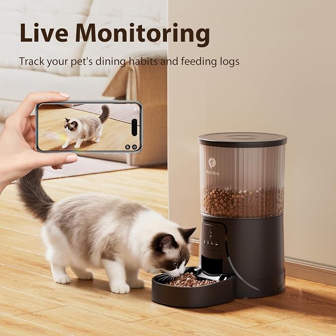 Automatic Cat Feeder with Camera, 5Ghz WiFi APP Control | Auto Pet Feeder for Cats and Small Dog Indoor- Easy to Set and Clean, Dual Power, 1-6 Meals/Day, Timed Precise Feeding
