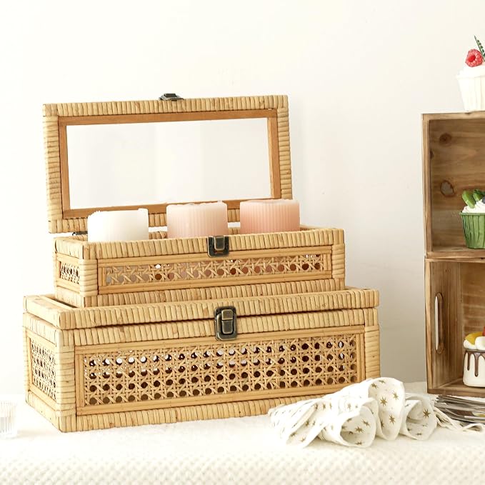 DECOR4SEASON Rattan and Cane Stacking Boxes with Glass Top Lid - Set of 2 for Boho, and Rustic Farmhouse Decor | Natural Rattan Texture, Vintage Trunk Style, Decorative Storage Boxes for Boho, and Rustic Farmhouse Decor
