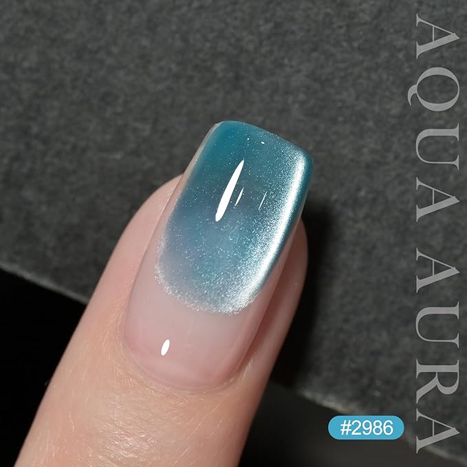 GAOY Jelly Blue Cat Eye Gel Nail Polish, 16ml Glitter Holographic Nail Polish with Magnet, Reflective Translucent UV Gel, 2986 Aqua Aura