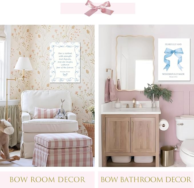 Blue Coquette Room Decor of Bow Pictures Bible Verses Wall Art Decor Set of 3 Preppy Posters Bedroom and Light Bule Bow Dorm Decor Room Decor For Teen Girls 16x24 Inch Framed