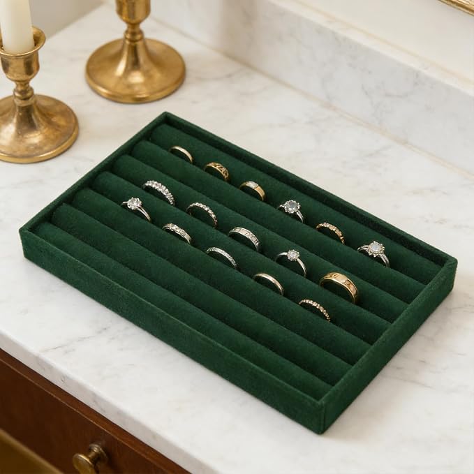 Velvet Jewelry Organizer Tray, Dark Green 8 Rolls | Stackable Jewelry Storage Display Tray for Drawer Dresser Cloest Organizer