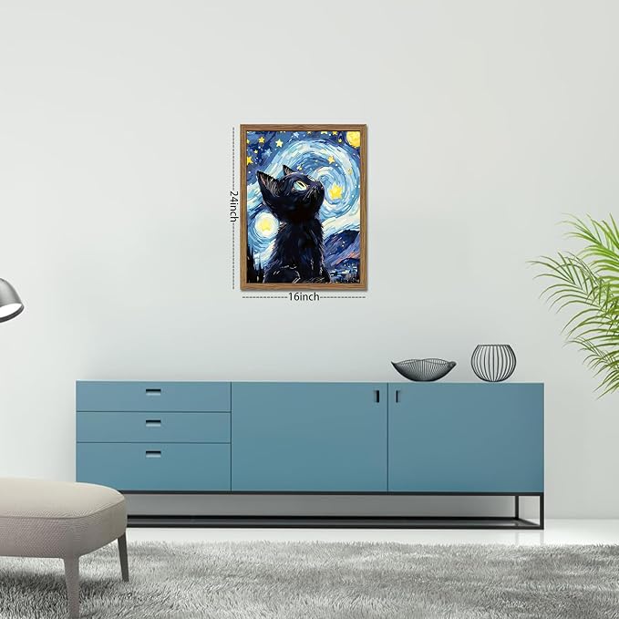 Framed Black Cat Wall Art, Van Gogh Starry Night Canvas Wall Decor, Cute Cat Animal Poster Print Picture, Impressionist Artwork Oil Painting for Bedroom Living Room Nursery 16x24 Inch