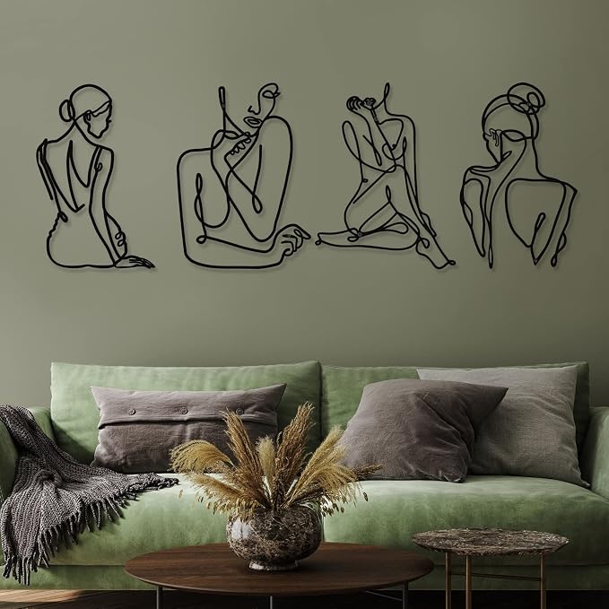 Photect 4 Pieces Metal Wall Art Decor Black Single Line Art Drawing Minimalist Abstract Female Woman Wall Sculptures Hanging Decor Accents for Bathroom Living Room(Classic)