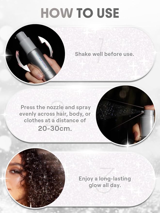 SHEGLAM Hair & Body Glitter Mist Spray - Shimmering Sparkle Makeup for Parties, Festivals, Cosplay, Halloween - Long Lasting, Non-Clogging, Easy Wash Off, 0.3 Fl Oz (Silver)