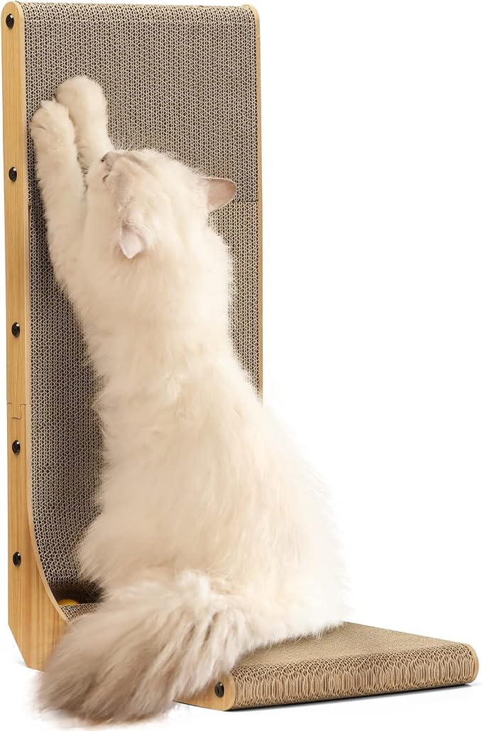 FUKUMARU Cat Scratcher, 26.8 Inch L Shaped Cat Scratch Pad for Indoor Cats | Vertical Cat Scratching Board with Ball Cat Toy, Cardboard Cat Scratcher for Wall Sofa Couch, Kitten Scratching Post, Large