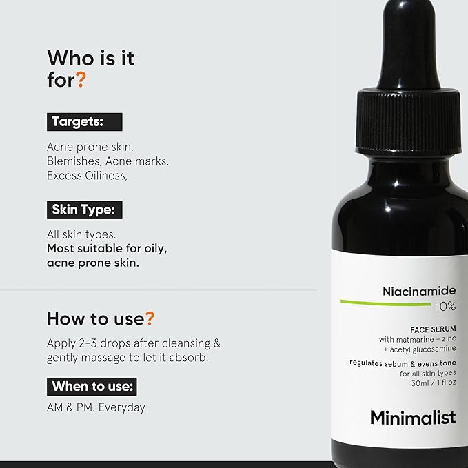 Minimalist Niacinamide 10% + 1% Zinc Face Serum | Reduces Pores, Acne Marks & Oil | Reduces Blemishes for Even Skin Tone | For Women & Men | 1 Fl Oz / 30 ml