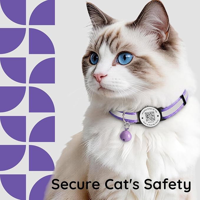 Breakaway Cat Collar QR Code, Reflective Bell, Adjustable Kitten, Purple